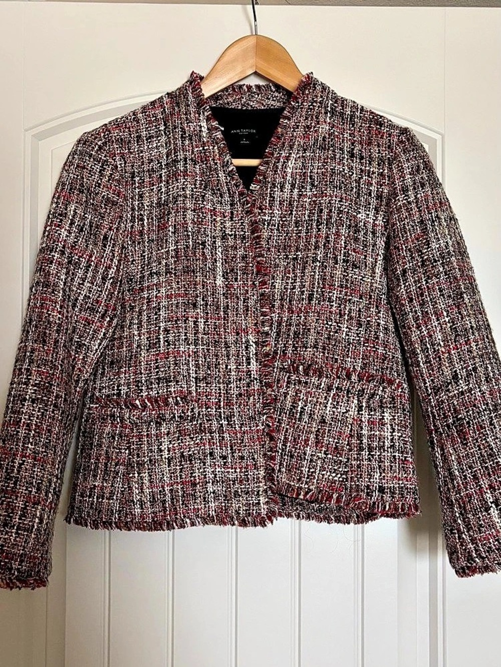 Ann Taylor Open Front Tweed Fringe Blazer Red & Black & White - Size 2